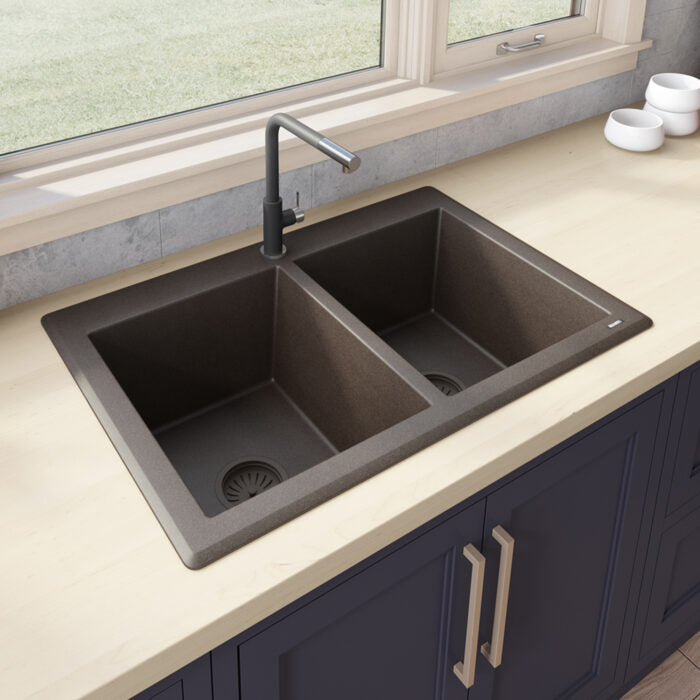 epiGranite Model: RVG1388ES Ruvati 33 x 22 inch epiGranite Drop-in Topmount Granite Composite Quartz Double Bowl Kitchen Sink – Espresso Brown – RVG1388ES