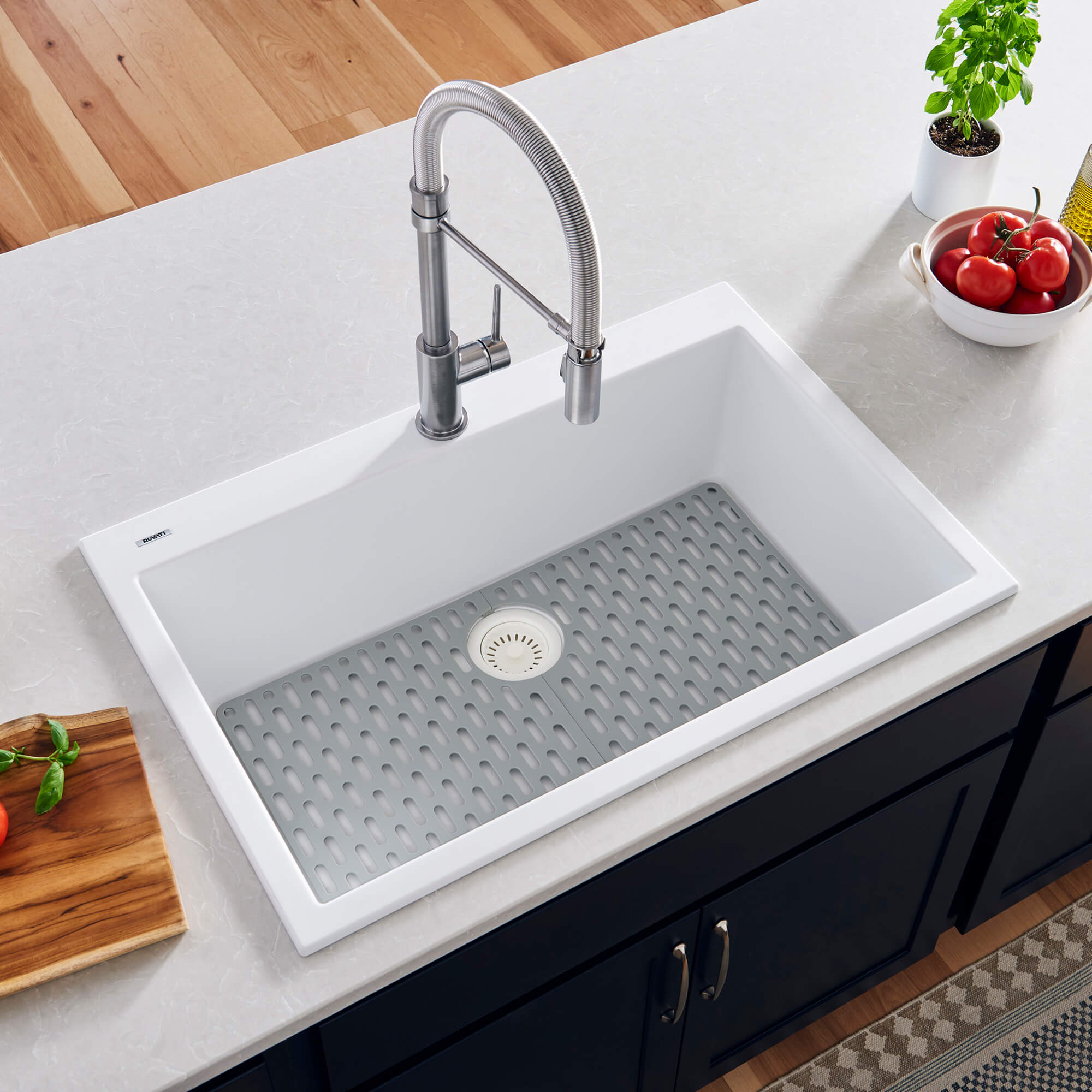 Ruvati 27 x 20 inch Drop-in Topmount Granite Composite Quartz Single Bowl Kitchen Sink – Arctic White Matte – RVG1027WH
