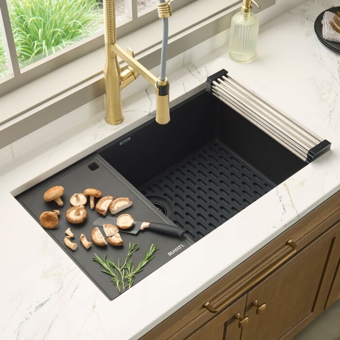 epiStage Model: RVG2306BK Ruvati 33-inch Undermount Workstation Granite Composite Quartz Kitchen Sink Matte Black – RVG2306BK