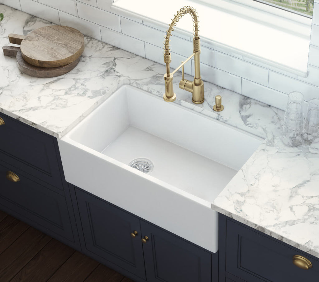 Fiamma Model: RVL2018WL Ruvati 30-inch Fireclay Farmhouse Offset Drain Kitchen Sink Single Bowl White – Left Drain – RVL2018WL