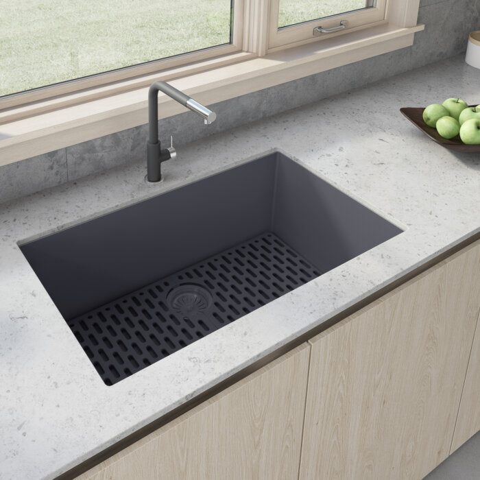 epiGranite Model: RVG2080UG Ruvati 32 x 19 inch Granite Composite Quartz Undermount Single Bowl Kitchen Sink – Urban Gray – RVG2080UG
