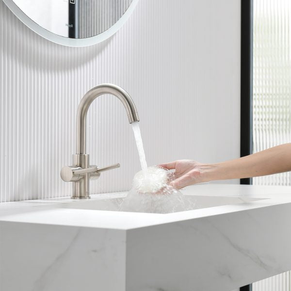 Oakland Two Handle Bathroom Sink Faucet with Pop Up Drain in Brushed Nickel – Model # KSB1217BN