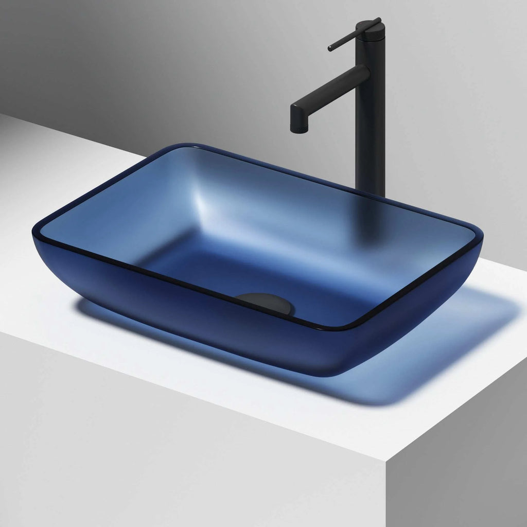 VIGO - Sottile Rectangular Glass Vessel Sink In Royal Blue Matte Shell Color Model# VG07092