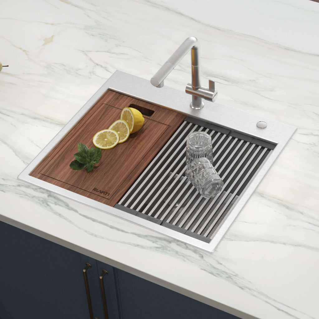 Siena Ruvati 25" x 22" Workstation Drop-in Topmount 16 Gauge Stainless Steel Rounded Corners Ledge Kitchen Sink Single Bowl – Model # RVH8023