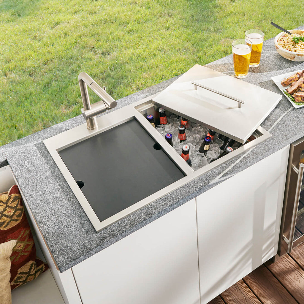 Merino Model: RVQ6290 Ruvati Insulated Ice Chest and Outdoor Sink 29 x 20 inch BBQ Workstation Topmount T-316 Stainless Steel – RVQ6290