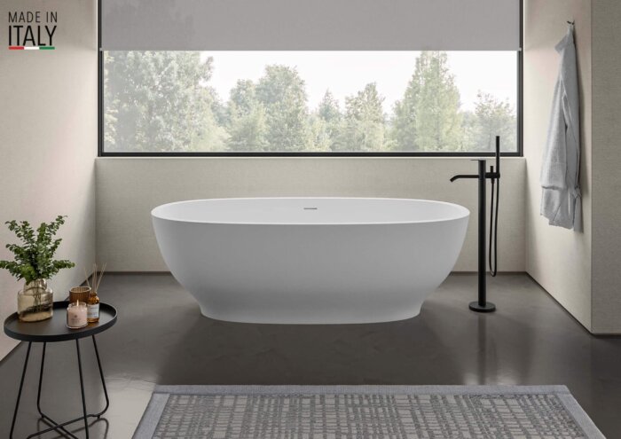 Viola Ruvati 69-inch White epiStone Solid Surface Oval Freestanding Bathtub Viola – Model# RVB6732WH
