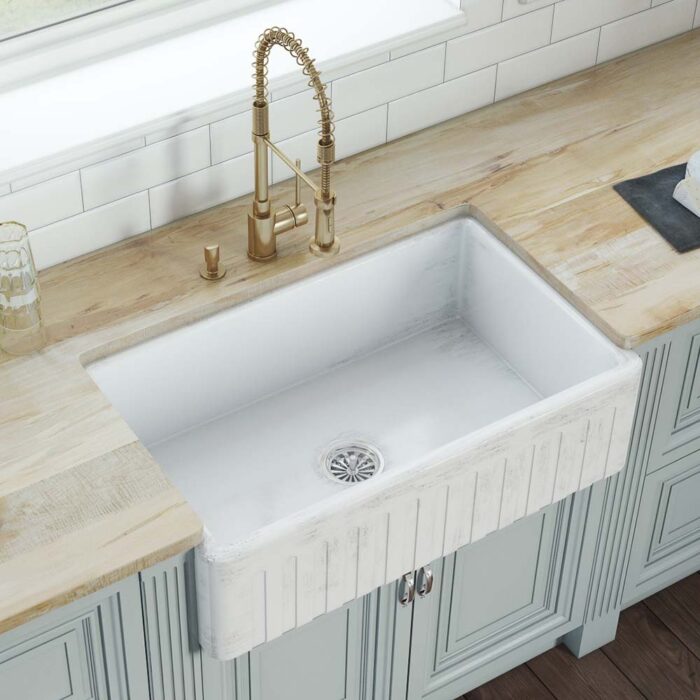 Fiamma Model: RVL2300SW Ruvati 33 x 20 inch Fireclay Reversible Farmhouse Apron-Front Kitchen Sink Specialty Finish – Distressed White – RVL2300SW