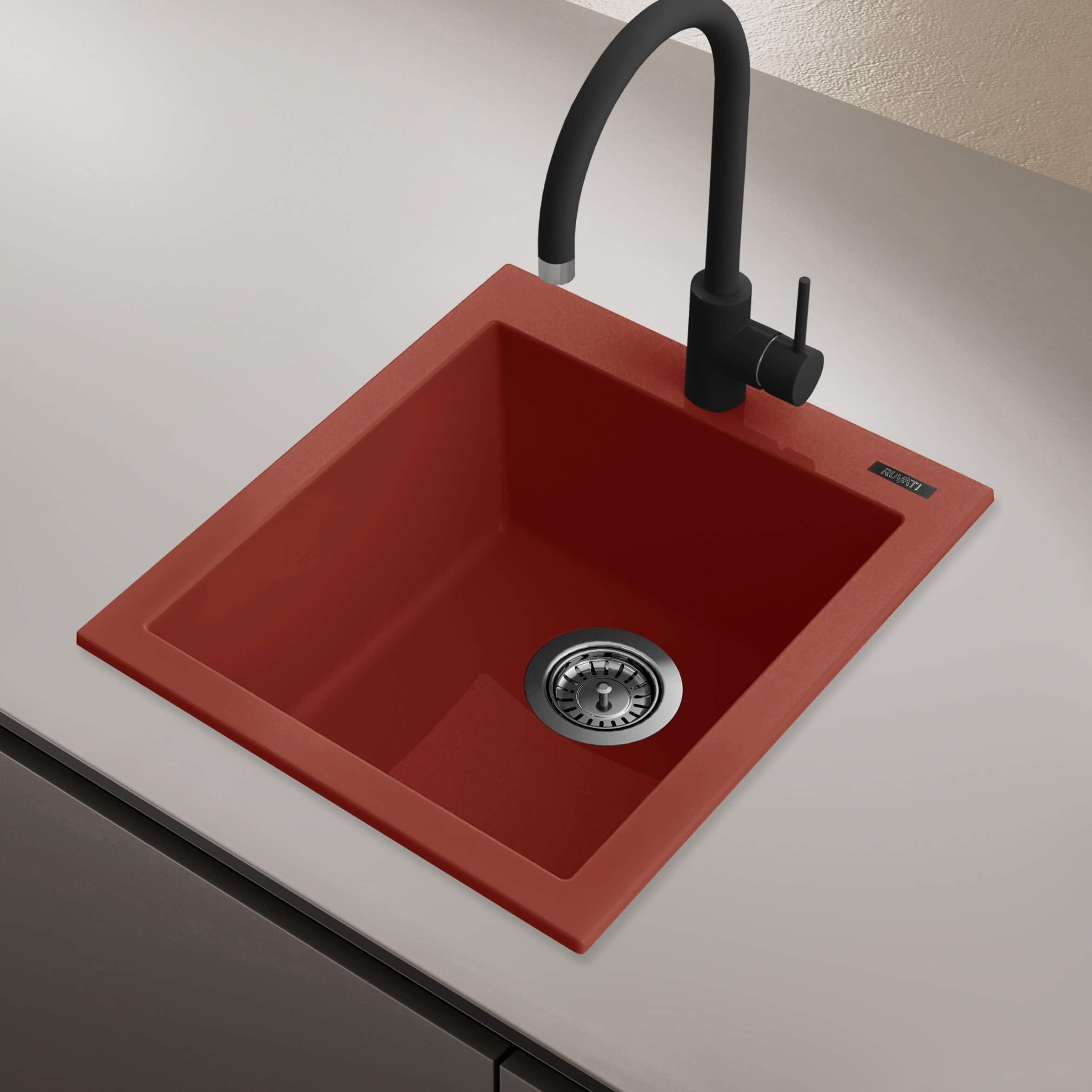 epiGranite Model: RVG1016BR Ruvati 16 x 20 inch epiGranite Drop-in Topmount Granite Composite Quartz Single Bowl Wet Bar Prep Sink – Berry Red – RVG1016BR