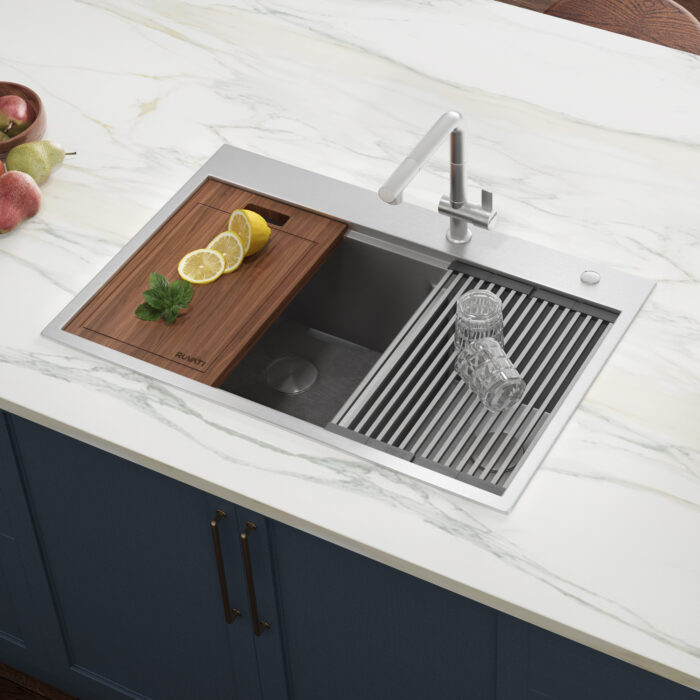 Siena Ruvati 33" x 22" Workstation Drop-in 60/40 Double Bowl Topmount Rounded Corners 16 Gauge Stainless Steel Ledge Kitchen Sink – Model # RVH8035