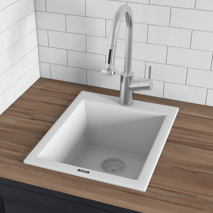 epiGranite Model: RVG1016WH Ruvati 16 x 20 inch epiGranite Drop-in Topmount Granite Composite Quartz Single Bowl Wet Bar Prep Sink – Arctic White Matte – RVG1016WH
