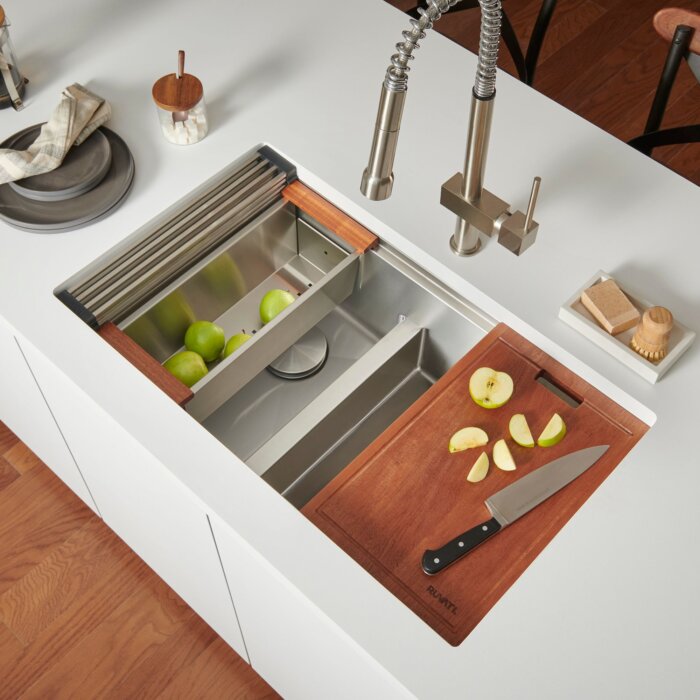 Roma Pro Ruvati 33-inch Workstation Ledge Rounded Corners 50/50 Double Bowl Undermount Kitchen Sink – Model # RVH8351