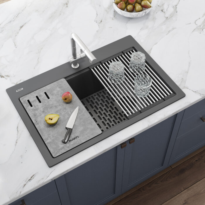 epiStage Ruvati 33-inch Granite Composite Workstation Drop-in Top Mount Kitchen Sink Urban Gray – Model# RVG1302UG