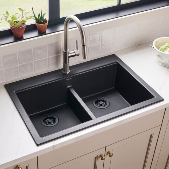 epiGranite Model: RVG1385BK Ruvati 33 x 22 inch epiGranite Drop-in TopMount Granite Composite Quartz Double Bowl Low Divide Kitchen Sink – Midnight Black – RVG1385BK
