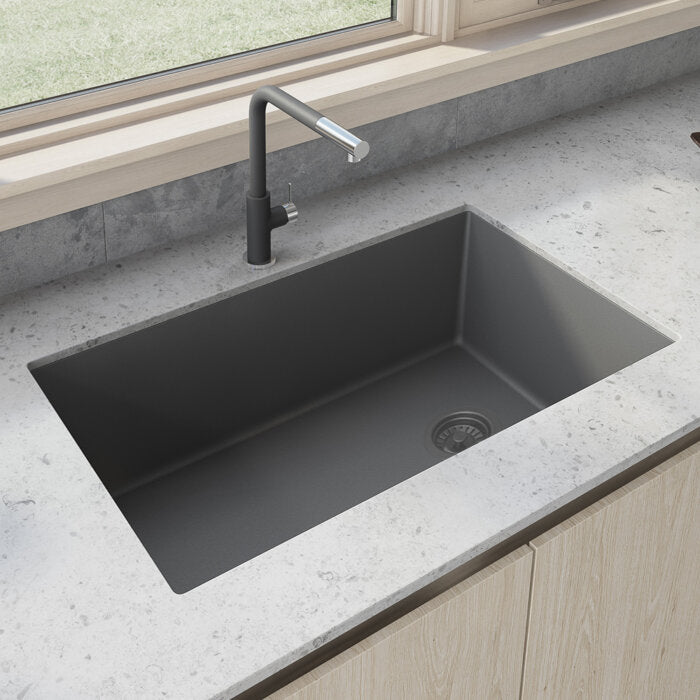 epiGranite Model: RVG2033UG Ruvati 32 x 19 inch epiGranite Undermount Granite Composite Quartz Single Bowl Kitchen Sink – Urban Gray – RVG2033UG
