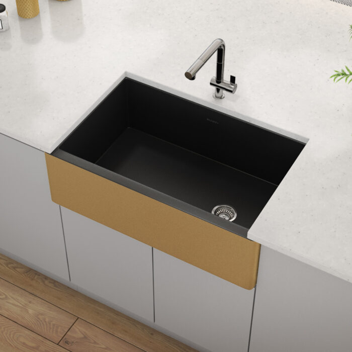 Fiamma Model: RVL4018GRG Ruvati 30-inch Matte Black and Brushed Gold Fireclay Modern Farmhouse Kitchen Sink Single Bowl – RVL4018GRG