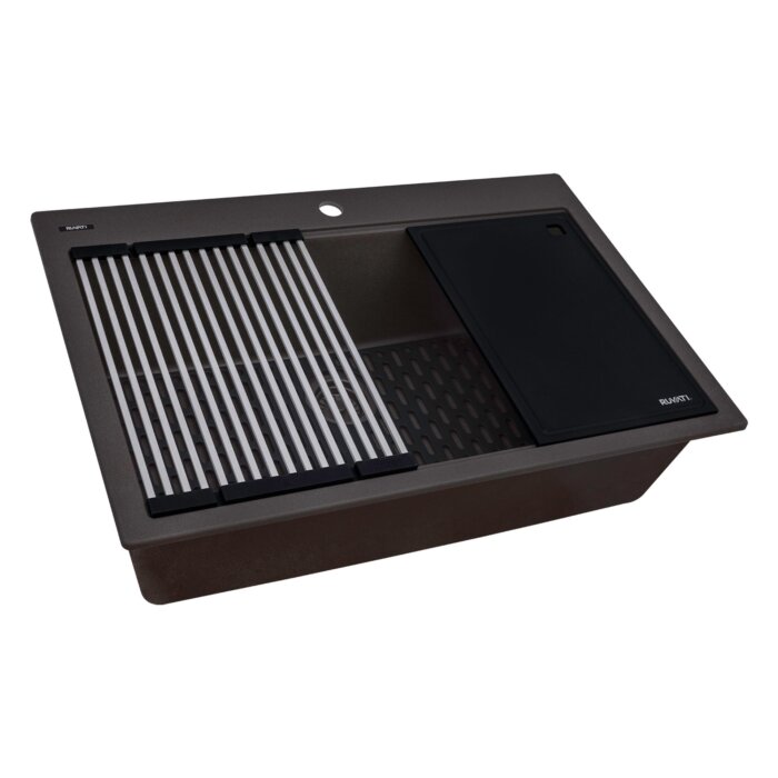 epiStage Model: RVG1306ES Ruvati 33-inch Granite Composite Quartz Workstation Drop-in Topmount Kitchen Sink Espresso – RVG1306ES