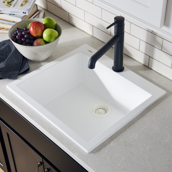 epiGranite Model: RVG1022WH Ruvati 22 x 20 inch epiGranite Drop-in Topmount Granite Composite Quartz Single Bowl Wet Bar Prep Sink – Arctic White Matte – RVG1022WH