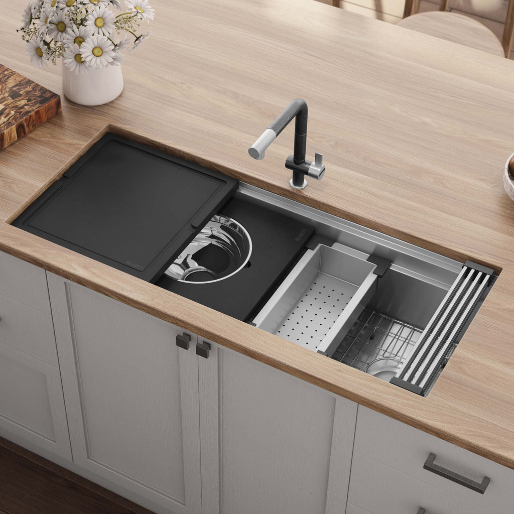 Dual-Tier Nova Model: RVH8335 Ruvati 45-inch Workstation Two-Tiered Ledge Kitchen Sink Undermount 16 Gauge Stainless Steel – RVH8335