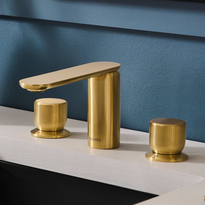 Fabio Model: RVF5235SG Ruvati Fabio Two Handle Widespread Fluted Luxury Knob Bathroom Faucet in Brushed Gold – RVF5235SG