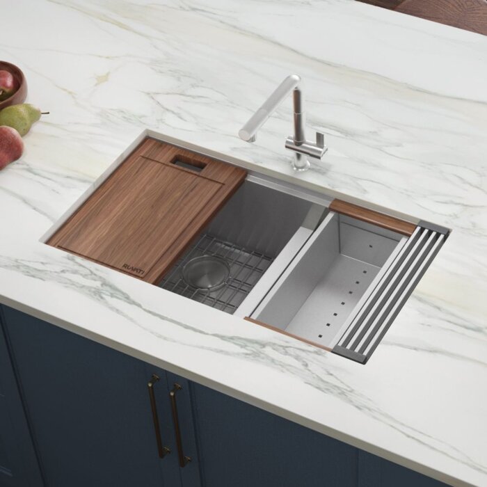 Roma Ruvati 28-inch Workstation Sink 60/40 Double Bowl Undermount Low Divide 16 Gauge Stainless Steel – Model # RVH8341