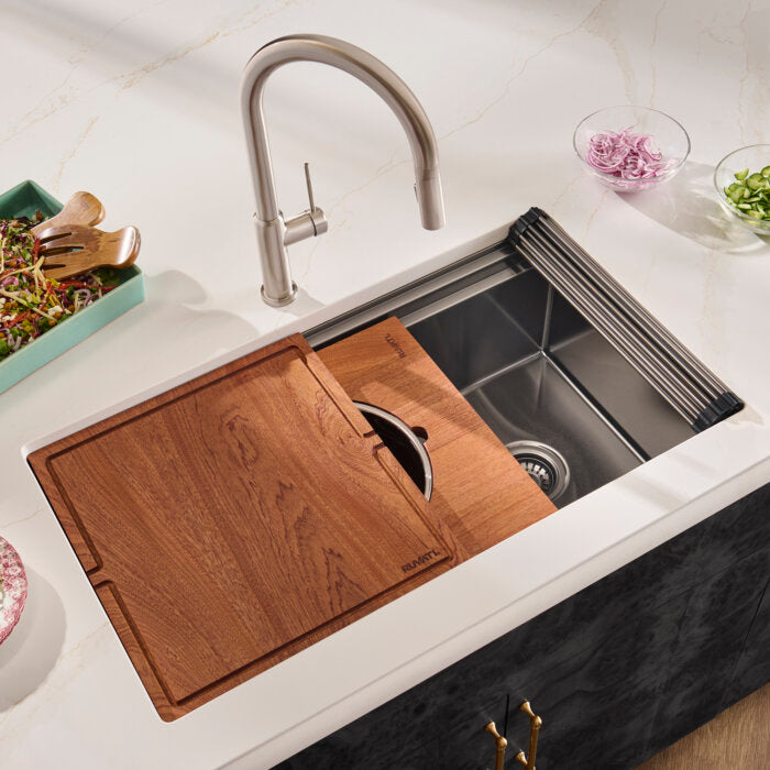 Dual-Tier Pro Ruvati 33-inch Gunmetal Black Stainless Steel Workstation Two-Tiered Ledge Kitchen Sink Undermount – Model# RVH6222BL