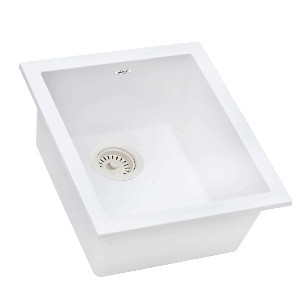 epiGranite Model: RVG2016WH Ruvati 15 x 17 inch Granite Composite Quartz Undermount Single Bowl Wet Bar Prep Sink – Arctic White Matte – RVG2016WH