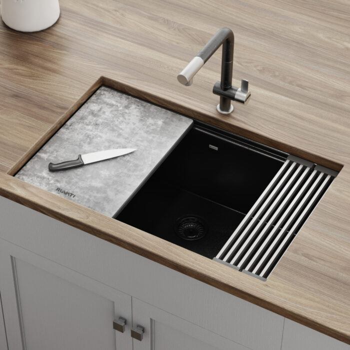 epiStage Model: RVG2310BK Ruvati 30-inch Granite Composite Quartz Workstation Matte Black Undermount Kitchen Sink – RVG2310BK