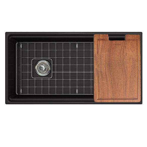 Nantucket Sinks - 36" Fireclay Farmhouse Workstation Single Bowl Kitchen Sink In Matte Black Model# T-PS36MB