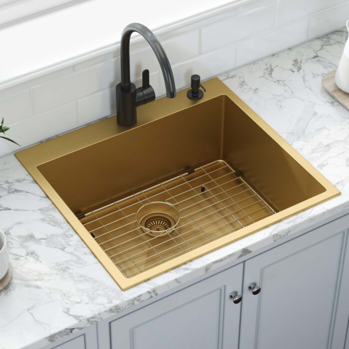 Terraza  Ruvati 25"Matte Gold Drop-in Top Mount Kitchen Sink Single Bowl – Model# RVH5007GG