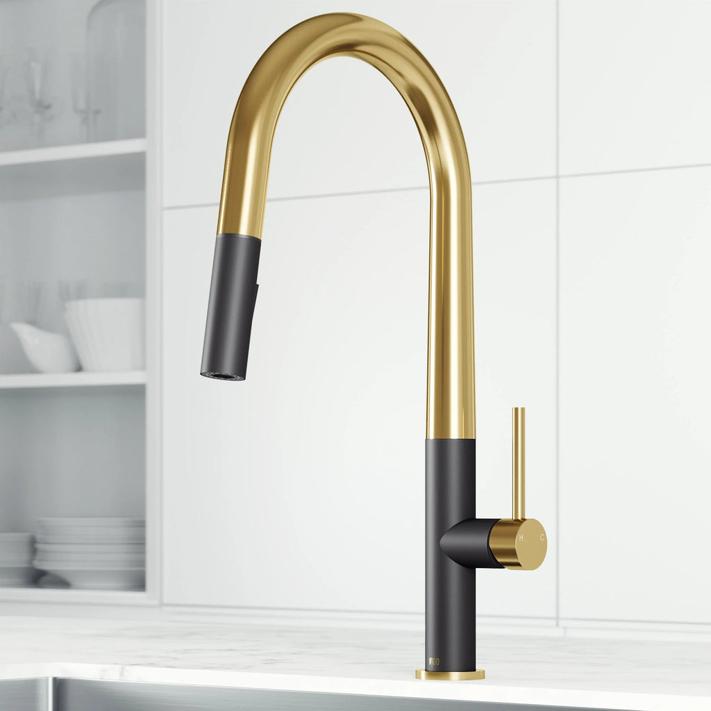VIGO - Greenwich 18 in. Single Handle Pull-Down Kitchen Faucet In Primary Matte Brushed Gold/Matte Black Finish Model# VG02029SMBMGG