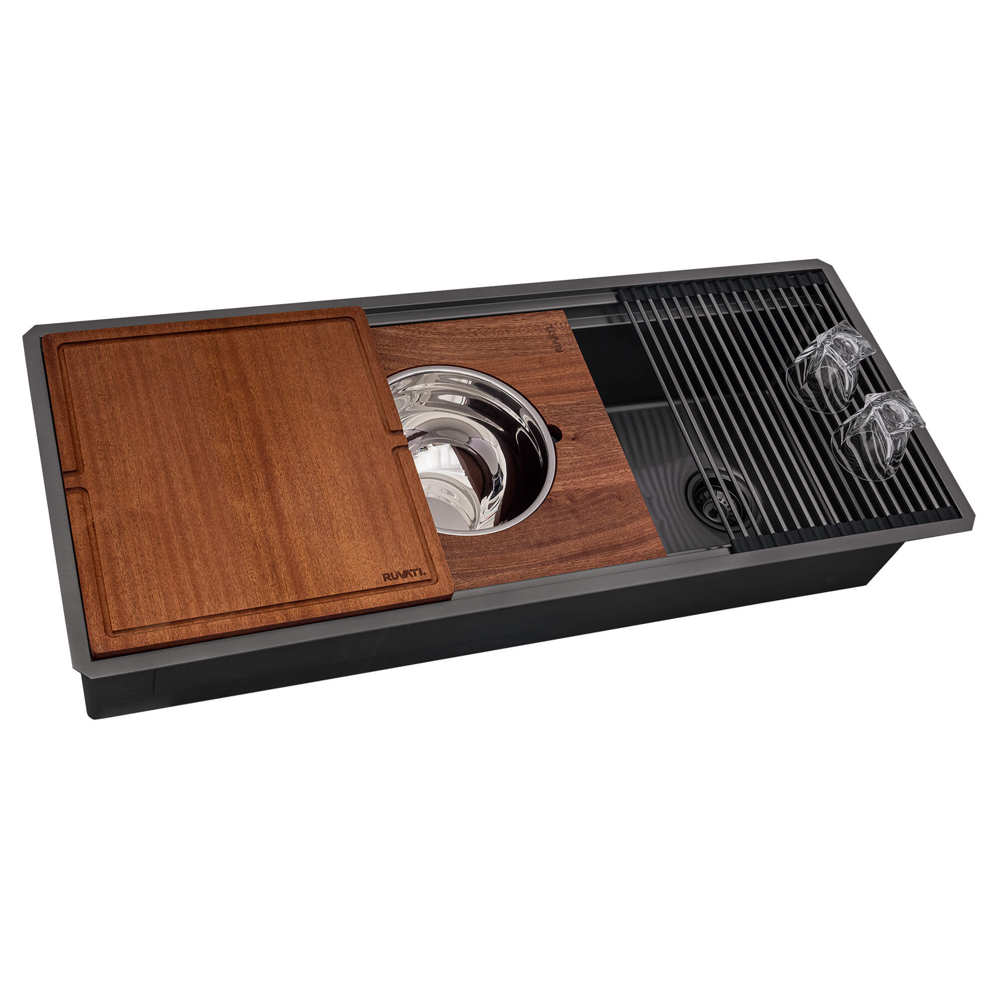 Dual-Tier Pro Ruvati 45-inch Gunmetal Black Stainless Steel Workstation Two-Tiered Ledge Undermount Kitchen Sink – Model# RVH6333BL