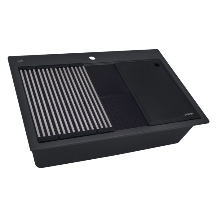 epiStage Model: RVG1306BK Ruvati 33-inch Granite Composite Quartz Workstation Matte Black Drop-in Topmount Kitchen Sink – RVG1306BK