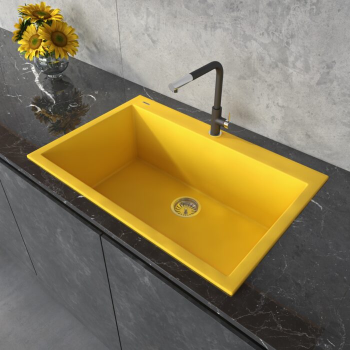 epiGranite Model: RVG1080YL Ruvati 33 x 22 inch Granite Composite Quartz Drop-in Topmount Kitchen Sink Single Bowl – Midas Yellow – RVG1080YL