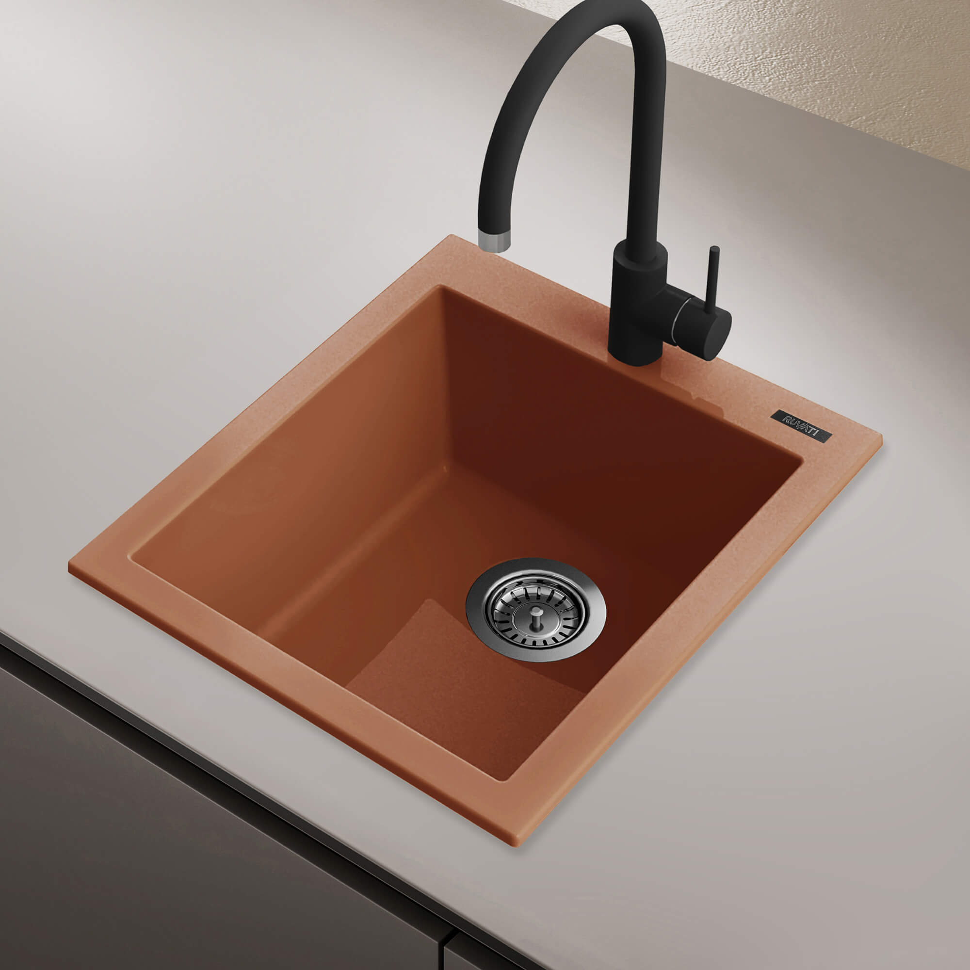 epiGranite Model: RVG1016TC Ruvati 16 x 20 inch epiGranite Drop-in Topmount Granite Composite Quartz Single Bowl Wet Bar Prep Sink – Clay – RVG1016TC