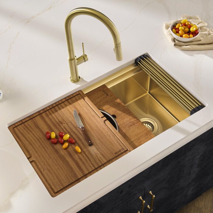 Dual-Tier Pro Ruvati 33-inch Matte Gold Stainless Steel Workstation Two-Tiered Ledge Undermount Kitchen Sink – Model# RVH6222GG