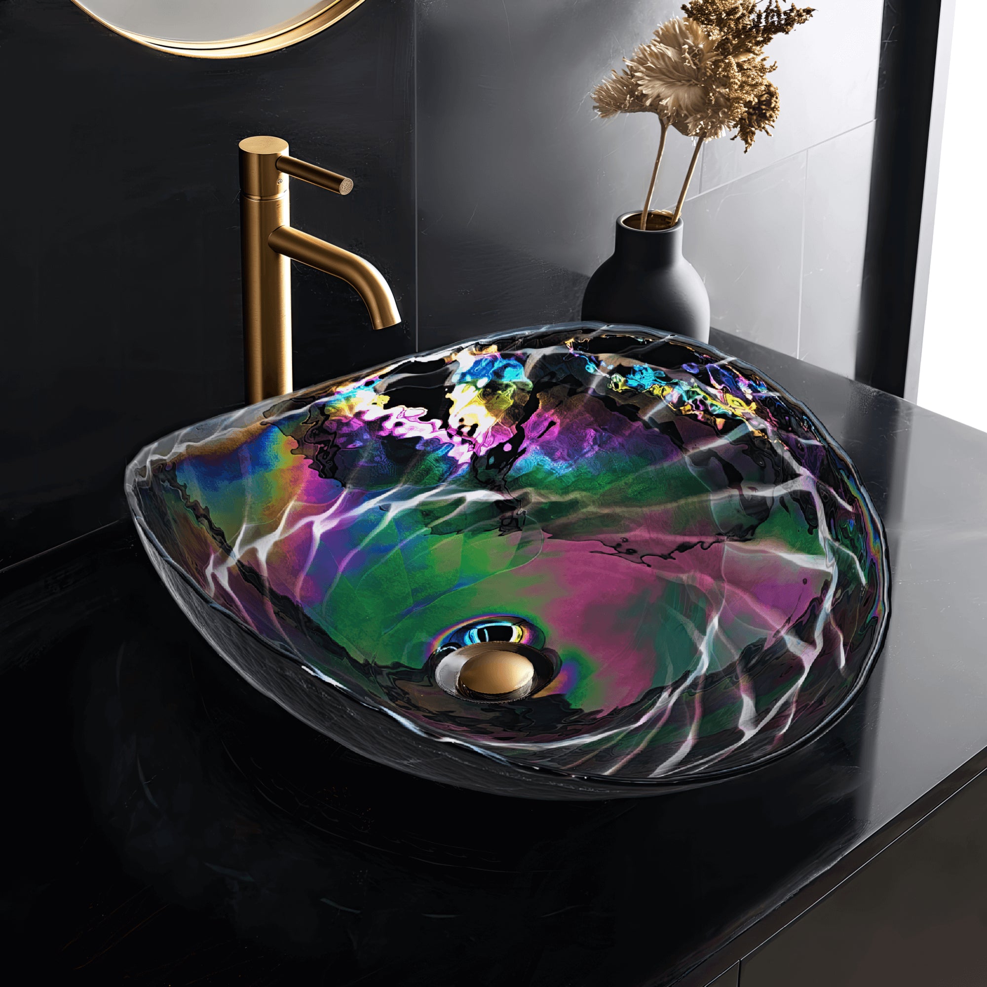 Murano Model: RVB3048 Ruvati 19 inch Murano Glass Art Vessel Seashell Decorative Pattern Bathroom Sink – Cosmic Black – RVB3048