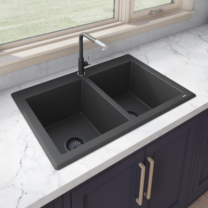 epiGranite Model: RVG1388BK Ruvati 33 x 22 inch epiGranite Drop-in Topmount Granite Composite Quartz Double Bowl Kitchen Sink – Midnight Black – RVG1388BK