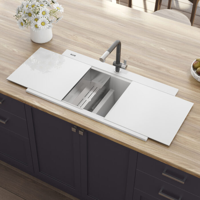 epiGranite Model: RVG1350WH Ruvati 34 inch epiGranite Drop-in Topmount Workstation Ledge Granite Composite Quartz Kitchen Sink – Arctic White Matte – RVG1350WH