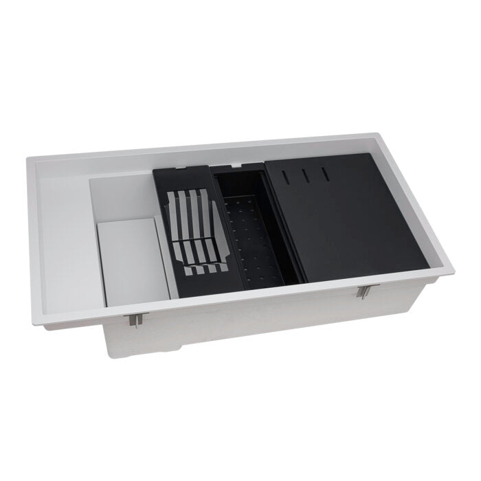 epiStage Model: RVG1650WH Ruvati 18 x 34 inch Granite Composite Quartz Workstation Kitchen Sink epiStage Dual Mount Single Bowl – Arctic White Matte – RVG1650WH