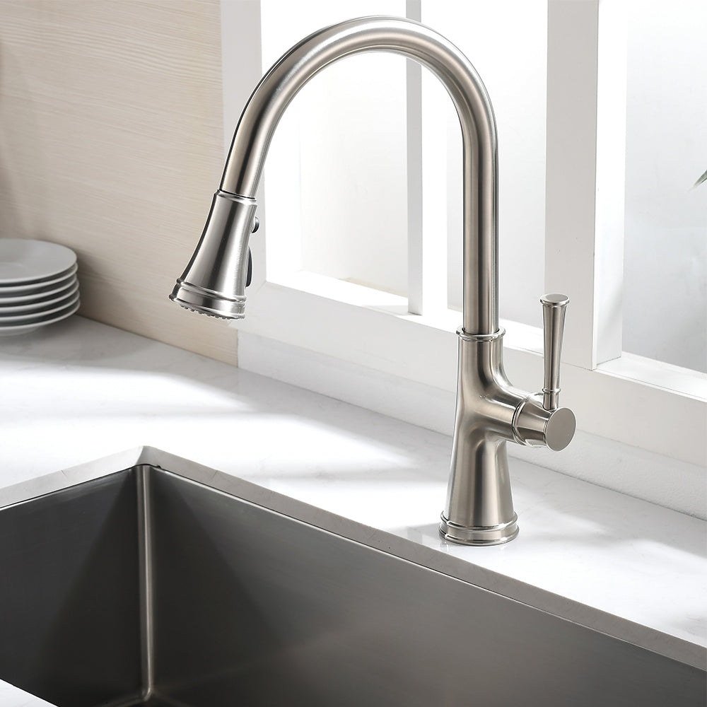 Single Handle 1 Hole Pull-Down Kitchen Faucet in Brushed Nickel – Model# KSK1129BN