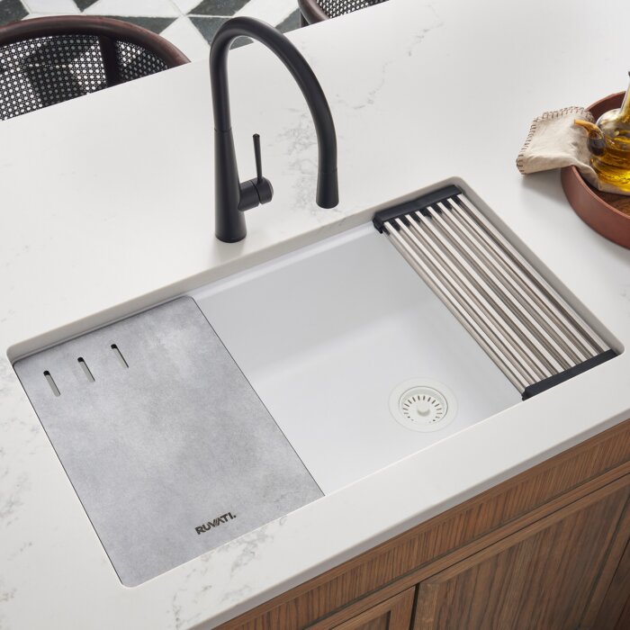 epiStage Ruvati 33" Granite Composite Workstation Undermount Kitchen Sink Single Bowl White – Model# RVG2302WH