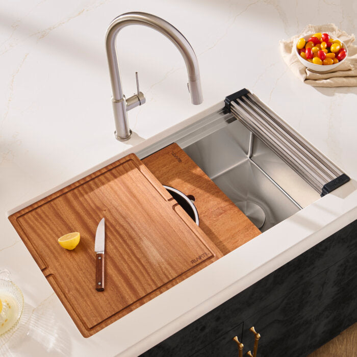 Dual-Tier Pro Ruvati 33" Workstation Two-Tiered Ledge Kitchen Sink Undermount 16 Gauge Stainless Steel – Model# RVH6222ST