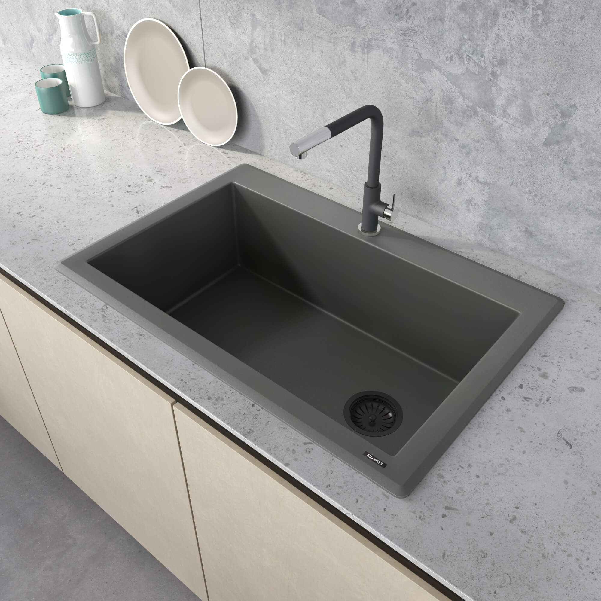 epiGranite Model: RVG1033RN Ruvati 33 x 22 inch Granite Composite Quartz Drop-in Topmount Single Bowl Kitchen Sink – Juniper Green – RVG1033RN