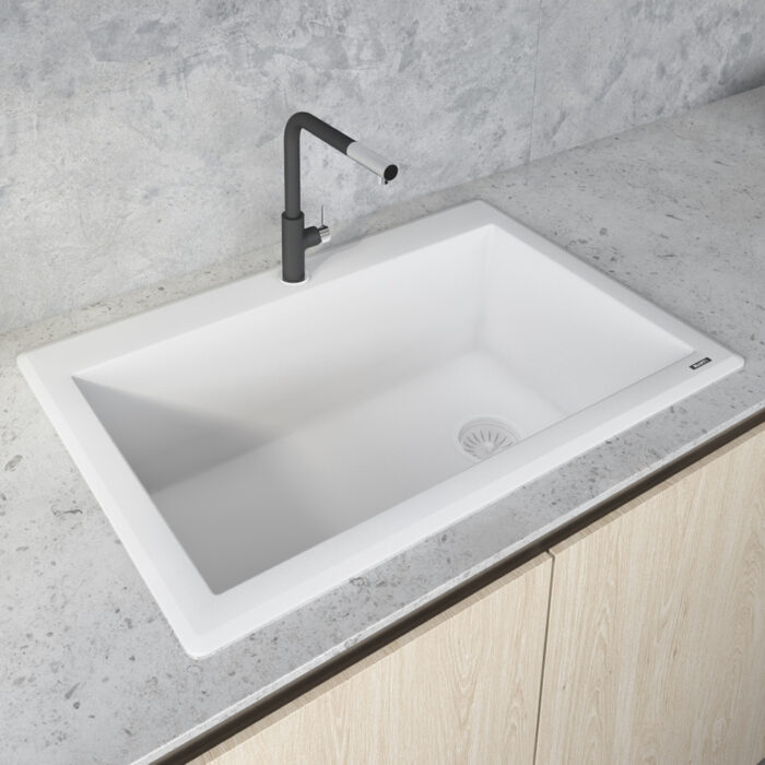 epiGranite Model: RVG1033WH Ruvati 33 x 22 inch epiGranite Drop-in Topmount Granite Composite Quartz Single Bowl Kitchen Sink – Arctic White Matte – RVG1033WH