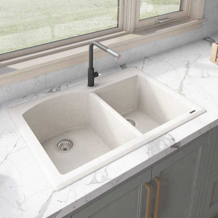 epiGranite Model: RVG1344CS Ruvati 33 x 22 inch epiGranite Drop-in Topmount Granite Composite Quartz Double Bowl Kitchen Sink – Caribbean Sand – RVG1344CS