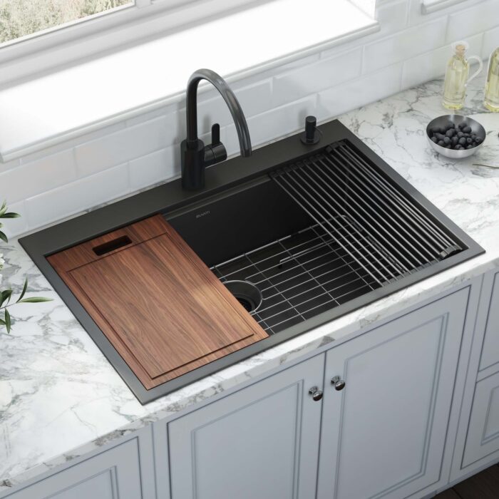 Giana Ruvati 33 inch Gunmetal Black Stainless Steel Workstation Drop-in Topmount Kitchen Sink Single Bowl – Model# RVH5003BL