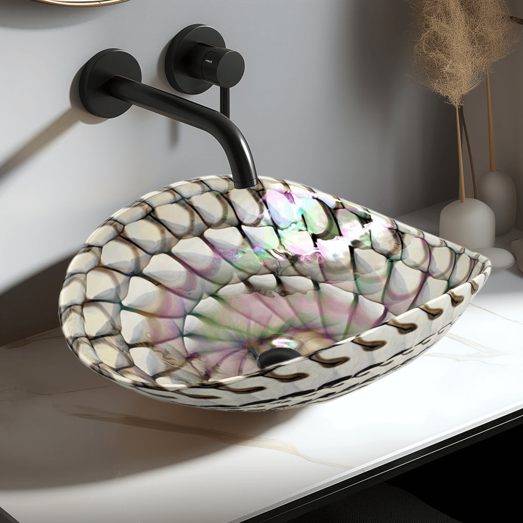 Murano Model: RVB3022 Ruvati 19 inch Murano Glass Art Vessel Seashell Decorative Pattern Bathroom Sink – Nautilus Brown – RVB3022
