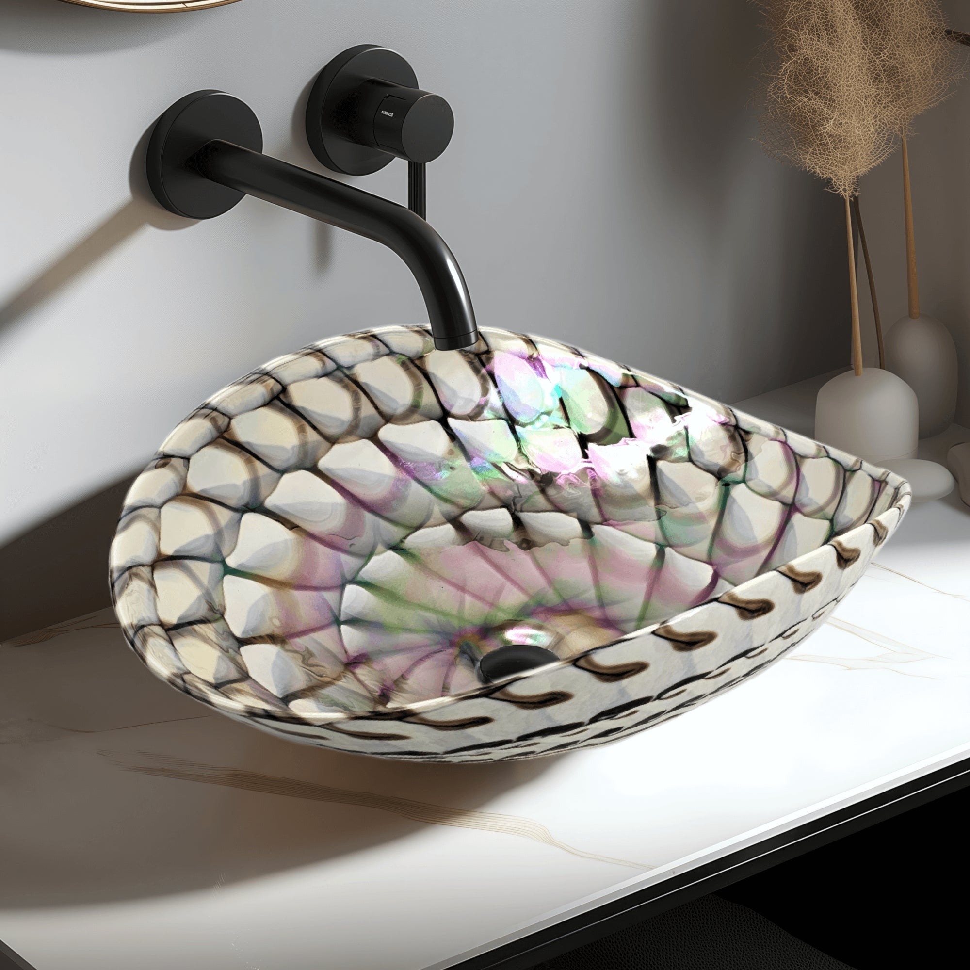 Murano Model: RVB3022 Ruvati 19 inch Murano Glass Art Vessel Seashell Decorative Pattern Bathroom Sink – Nautilus Brown – RVB3022