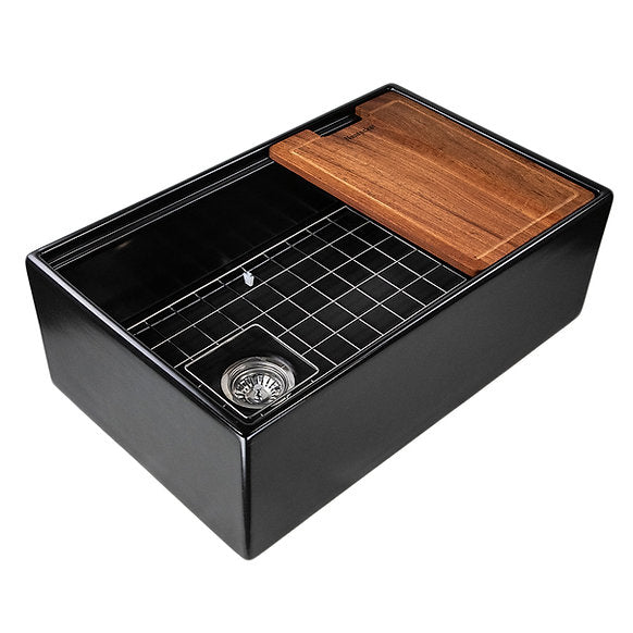 Nantucket Sinks - 30" Fireclay Reversible Workstation Farmhouse Fireclay Sink with Offset Drain and Accessories Model# T-PS30MB