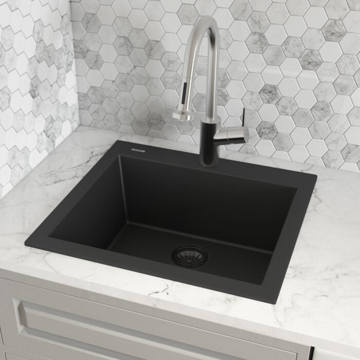 epiGranite Model: RVG1023BK Ruvati 23 x 20 inch epiGranite Drop-in Topmount Granite Composite Quartz Single Bowl Wet Bar Prep Sink – Midnight Black – RVG1023BK